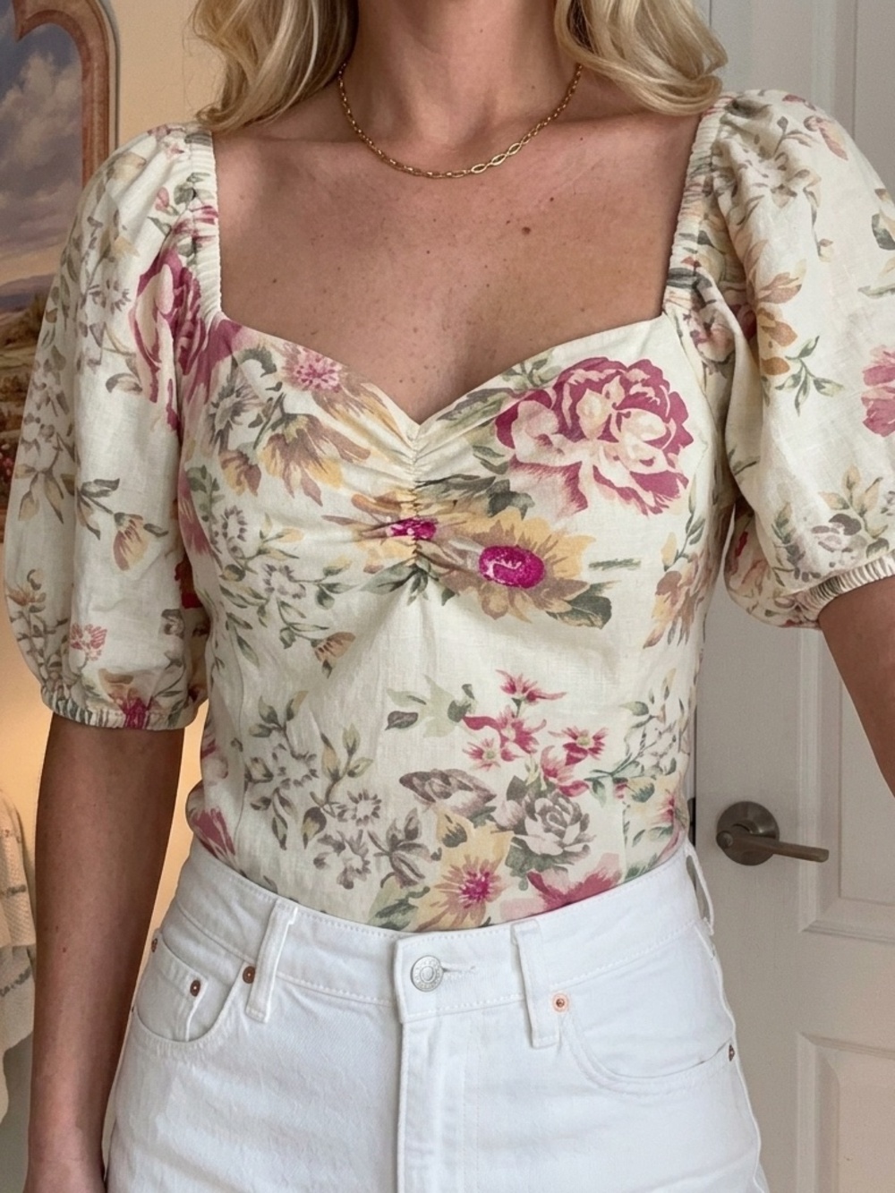 H&M linen-blend floral puff-sleeve blouse
